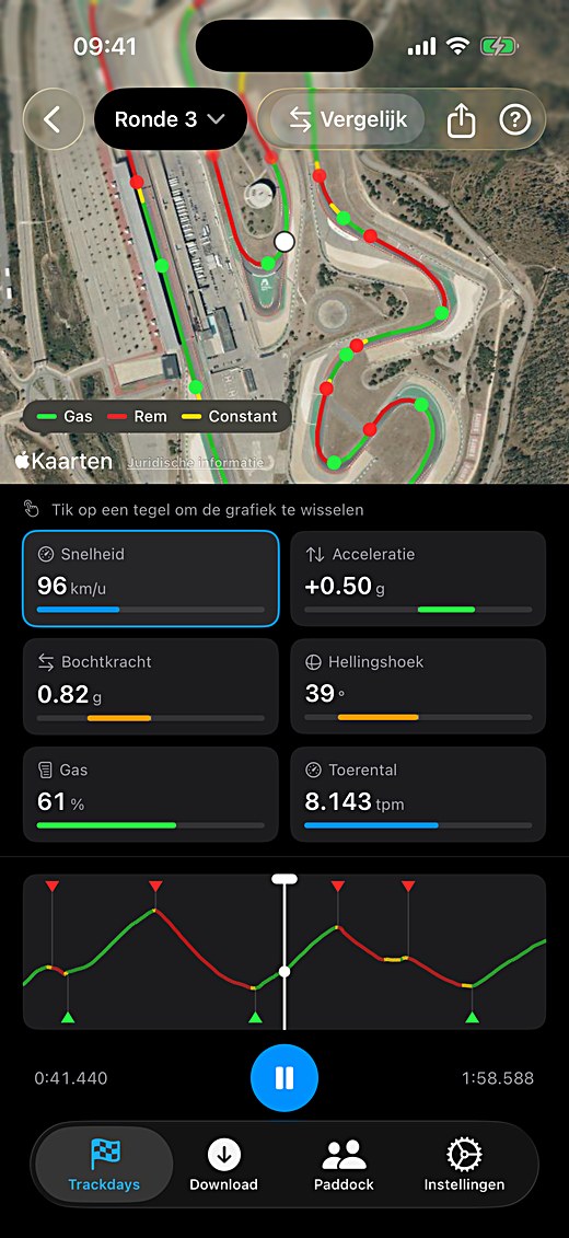 Ronde-replay van een Solo 2 DL met gas, toerental, hellingshoek en g-krachten