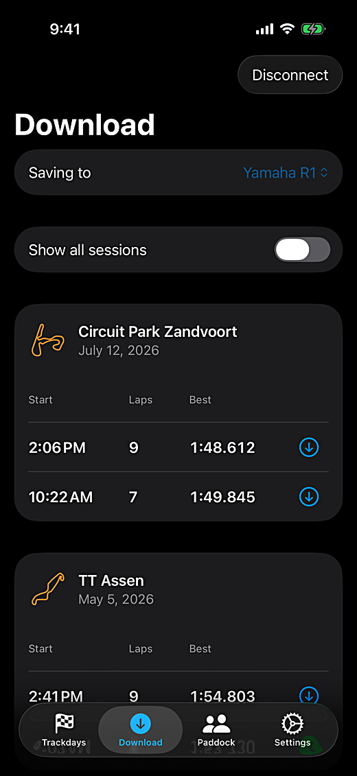 Downloading a session from an AiM lap timer over WiFi at the track