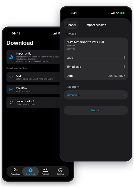 The Download tab listing AiM over WiFi, RaceBox over Bluetooth and file import, next to the import sheet reading a session file with the track it detected, where it came from and how many laps it holds