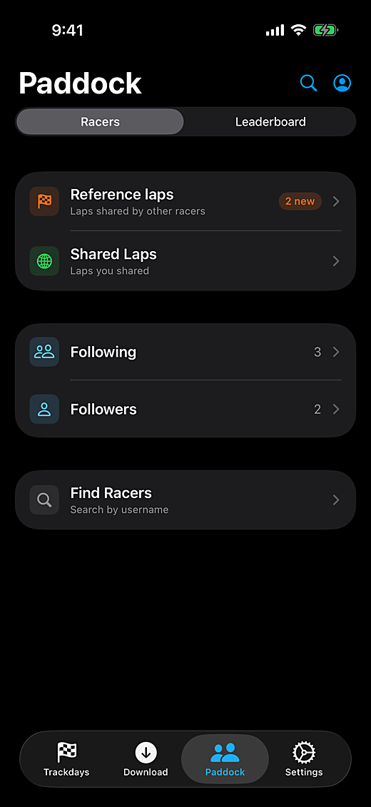The Paddock Racers tab with reference laps shared by other racers, following and followers, and racer search