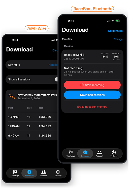 Pushlapp downloading a session from an AiM lap timer over WiFi, next to a RaceBox Mini S connected over Bluetooth