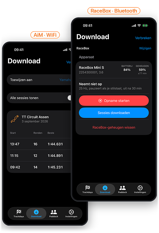 Pushlapp die een sessie downloadt van een AiM-laptimer via WiFi, naast een RaceBox Mini S die via Bluetooth verbonden is